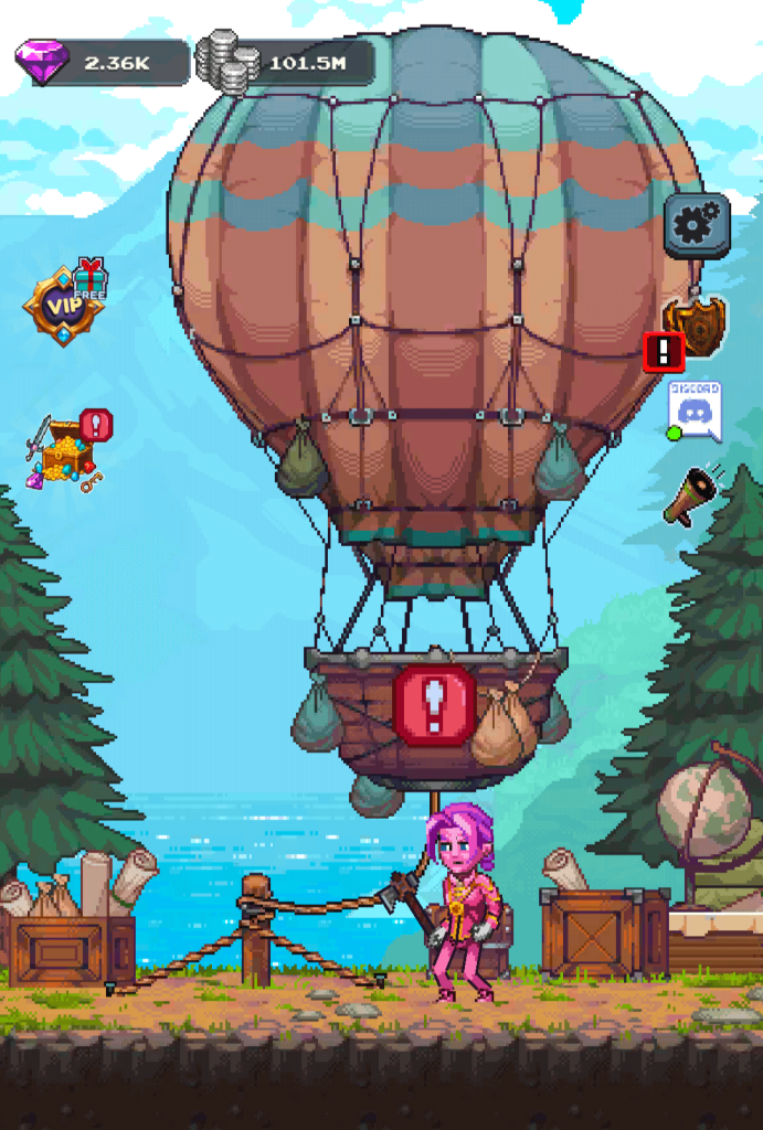 Screenshot from the mobile game Miners Settlement showing Navi's Airport. A colorful hot air balloon is anchored by the lake with trees in the background. The interface displays gems, coins, and various icons for VIP, tasks, and upgrades, highlighting the new Navi's Airport feature in the update.