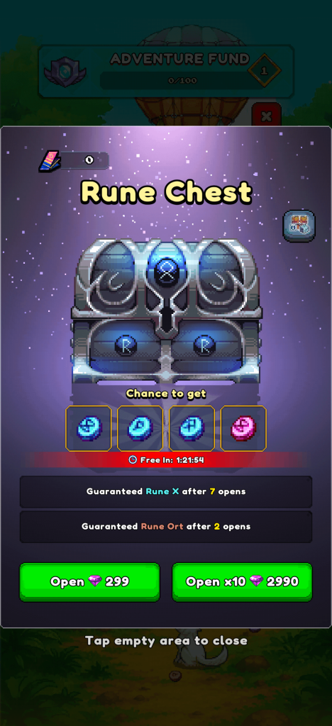 Screenshot from Miners Settlement showing the Rune Chest interface. Players can open the chest to obtain random runes, with guaranteed rewards after a set number of opens. The screen displays rune icons, gem costs for opening, and timers for free attempts.