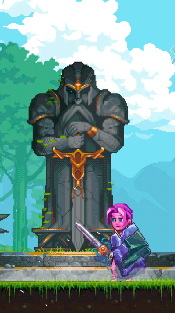 Screenshot from Miners Settlement showing the player character standing in front of the World Tiers monument. The large stone statue symbolizes progression challenges, with the hero ready to take on higher tier adventures.