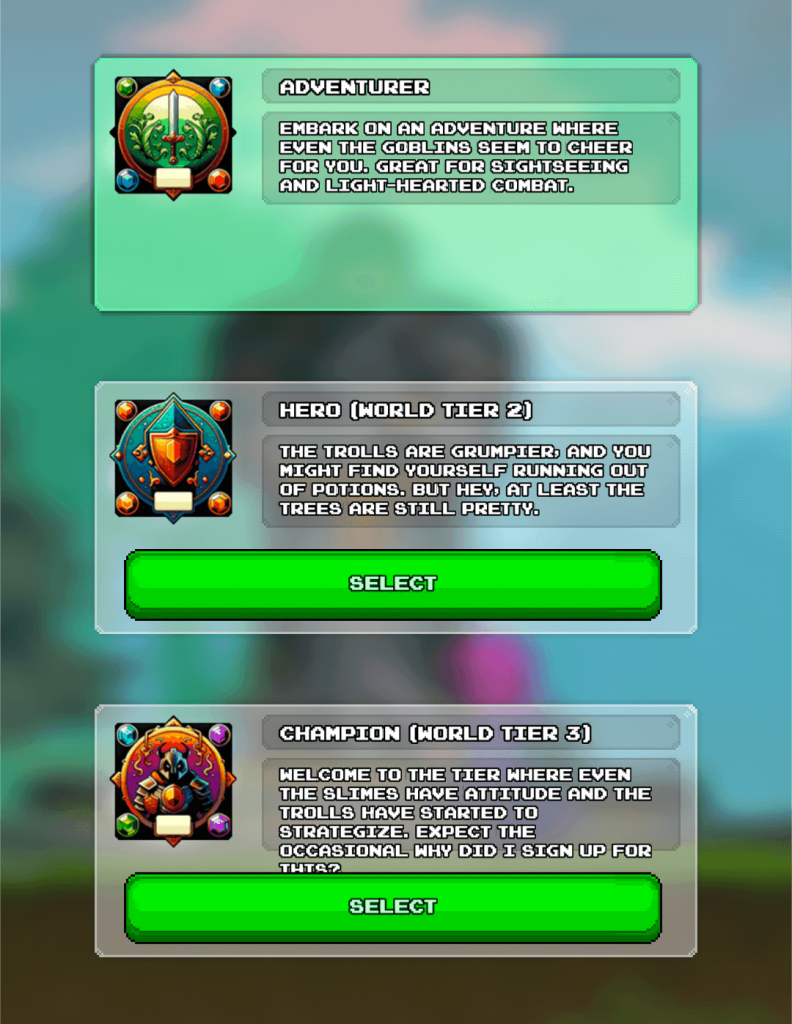 Screenshot from Miners Settlement showing the World Tiers selection panel. Options include Adventurer (World Tier 1), Hero (World Tier 2), and Champion (World Tier 3), each with unique descriptions and increasing difficulty for players.