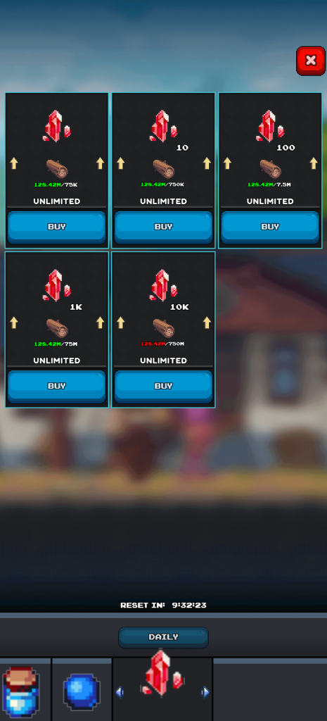 Screenshot from Miners Settlement showing the Goblin Silo shop. The interface displays exchanges where players can trade items for Shards in different amounts (10, 100, 1K, 10K). Each option shows resources required and a Buy button, highlighting the shard exchange system in Goblin Silo.