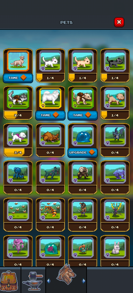 Screenshot from Miners Settlement showing the Pets tab. The interface displays a collection of various pets, each with taming and upgrade options. Players can unlock, tame, and level up pets to support progression in the game.