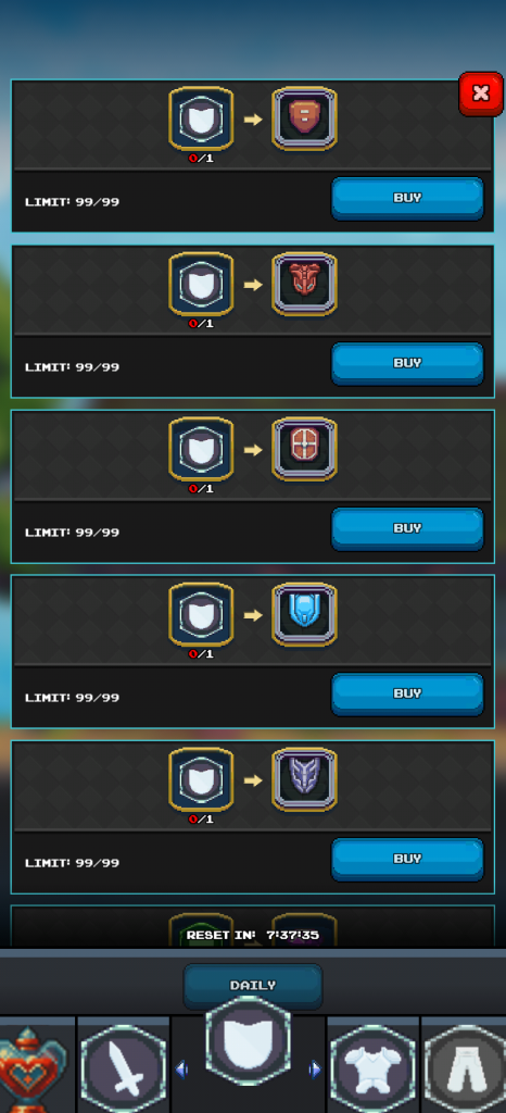 Screenshot from Miners Settlement showing Marf’s Inn exchange window. Players can trade blueprints for Common Gear, with multiple armor upgrade options displayed, each requiring blueprint parts and offering different equipment rewards.