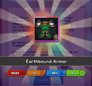 Screenshot from Miners Settlement showing Earthbound Armor at Divine level. The reward screen highlights the Divine-tier equipment obtained through progression, displayed with colorful rays and resource counters.