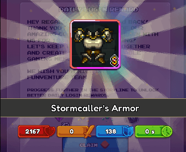 Screenshot from Miners Settlement showing Stormcaller's Armor at Divine level. The reward screen highlights the Divine-tier equipment obtained through progression, displayed with colorful rays and resource counters.