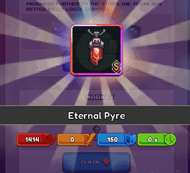 Screenshot from Miners Settlement showing Eternal Pyre at Divine level. The reward screen highlights the Divine-tier equipment obtained through progression, displayed with colorful rays and resource counters.