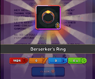Screenshot from Miners Settlement showing Berserker's Ring at Divine level. The reward screen highlights the Divine-tier equipment obtained through progression, displayed with colorful rays and resource counters.