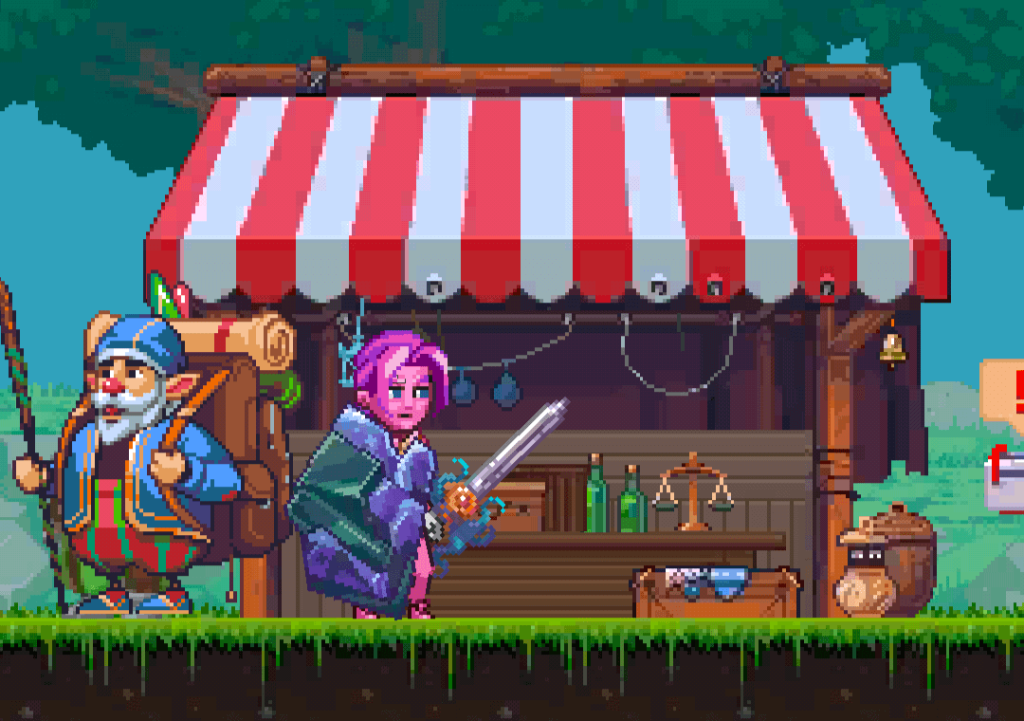 Screenshot from Miners Settlement showing the player character with Otto at the Open Market. The market stall with a red and white striped canopy represents the in-game trading system where players can exchange items and resources.