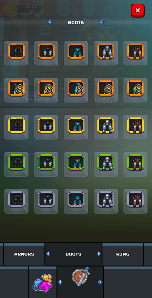 Screenshot from Miners Settlement showing the Open Market filtering window. The screen displays the Boots tab with various gear tiers, allowing players to filter equipment by type and rarity for easier trading and progression.