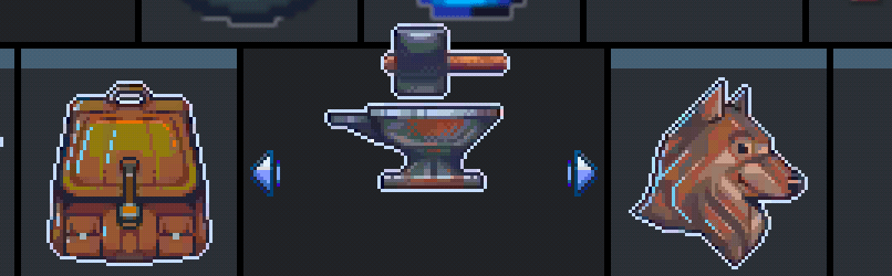 Screenshot from Miners Settlement showing the in-game menu. Icons displayed: backpack for Inventory, hammer and anvil for the Blacksmith’s Forge tab, and a dog head symbol for Pet Schemes. This update highlights new navigation options in the game menu.