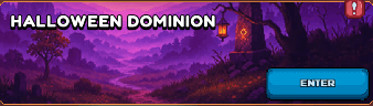 Miners Settlement game - Halloween Dominion event banner with spooky purple forest background, lantern, alert icon, and an 'Enter' button to join.