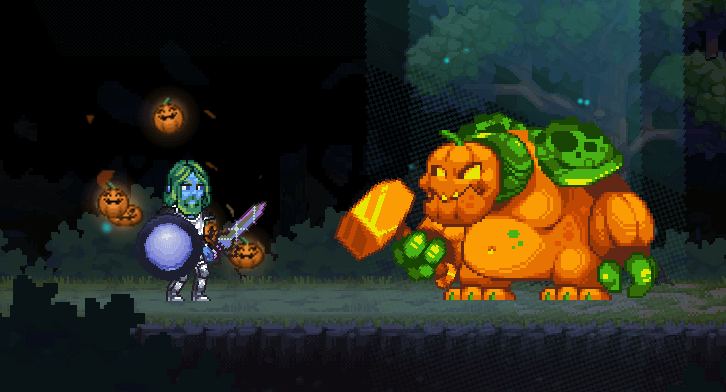 Miners Settlement screenshot - Halloween Dominion event stage: player with a jack-o’-lantern aura faces a pumpkin-beast boss in a pixel-art boss fight.