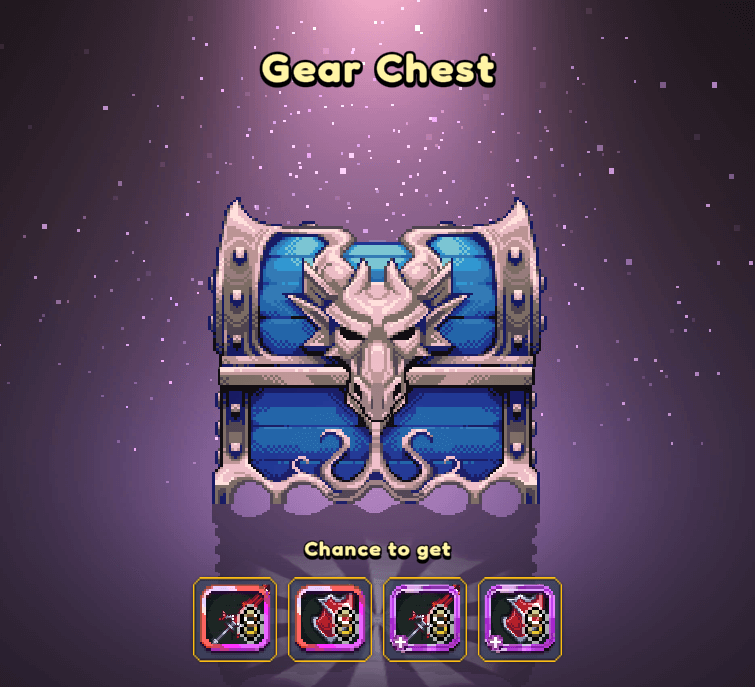 Miners Settlement screenshot - Gear Chest rewards screen with a large blue chest; ‘Chance to get’ icons below for Emberwrath Sword and Pyroclasm Aegis shield, available in Divine and Mythic+ tiers.