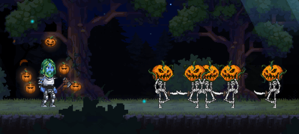 Miners Settlement screenshot: player character in armor with a Halloween aura skin of floating jack-o-lanterns faces pumpkin-headed skeleton mobs in a dark forest.