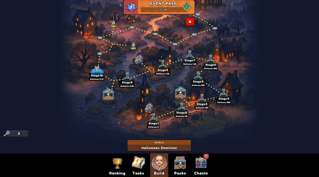 Miners Settlement screenshot — Halloween Dominion event map with labeled stages marked by owl-totem icons, runeword locations shown as rune stones, and merchant/shop icons for exchanging rewards; event pass at the top, bottom navigation bar (Ranking, Tasks, Build, Packs, Chests), and Nightwing Conclave key count displayed on the left.