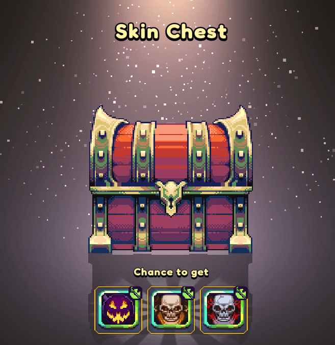 Miners Settlement - Skin Chest loot screen from the Halloween event. A large ornate treasure chest sits under the ‘Skin Chest’ title on a sparkling night background. Below, a ‘Chance to get’ row shows three skin rewards: a purple jack-o’-lantern pumpkin face, a skull portrait, and a red-eyed skull variant - cosmetic skins available from this chest.