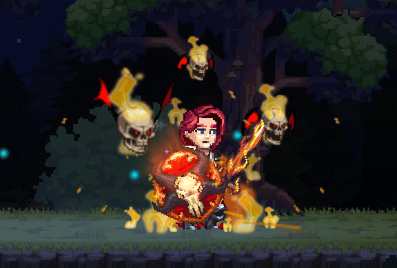 Miners Settlement screenshot - player character equipped with the Blazing Skullstorm aura skin: flaming skulls orbit the hero amid orange sparks in a dark forest, showcasing the Halloween-themed cosmetic effect.