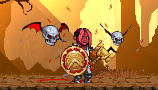 Miners Settlement screenshot - player character equipped with the Soulflame Aura skin: floating skulls with bat wings and red embers orbit the hero, who wields a golden hammer and shield on a fiery canyon stage.