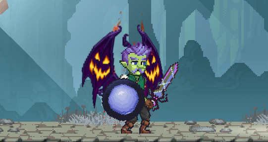 Miners Settlement screenshot - player character wearing the Infernal Nightwings skin: flaming purple bat wings with jack-o’-lantern patterns, wielding a sword and shield in a rocky cave environment.