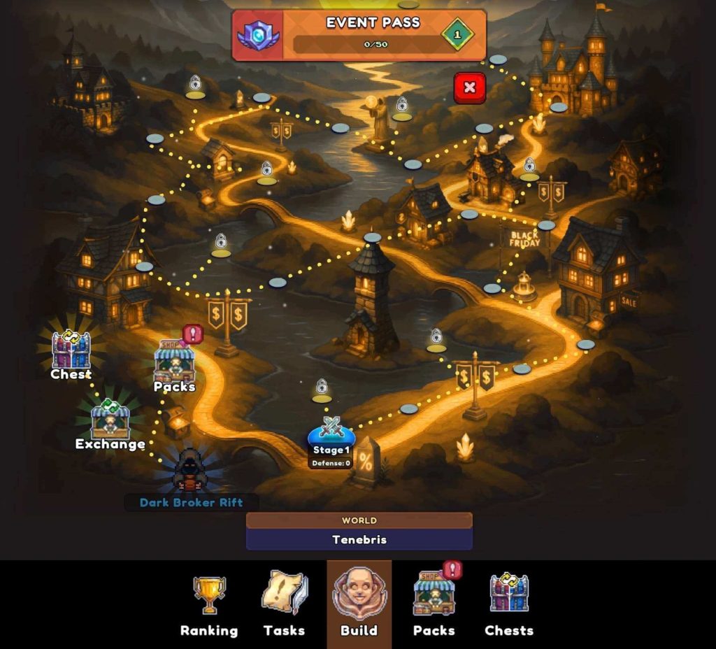 A screenshot of the Nightfall Pact event map in Miners Settlement, showing multiple stage nodes with mobs and bosses. The left side features Black Market event elements such as Packs, Exchange, and the Dark Broker Rift. At the bottom, event tabs like Ranking, Tasks, Build, Packs, and Chests form the main event hub.