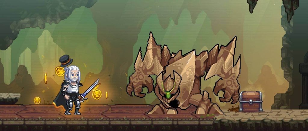 “A hero wearing the Golden Pact Aura stands on the left, facing an Earth Elemental miniboss on the right. Behind the boss is a reward chest ready to be claimed, all set inside a dungeon battle scene in Miners Settlement.
