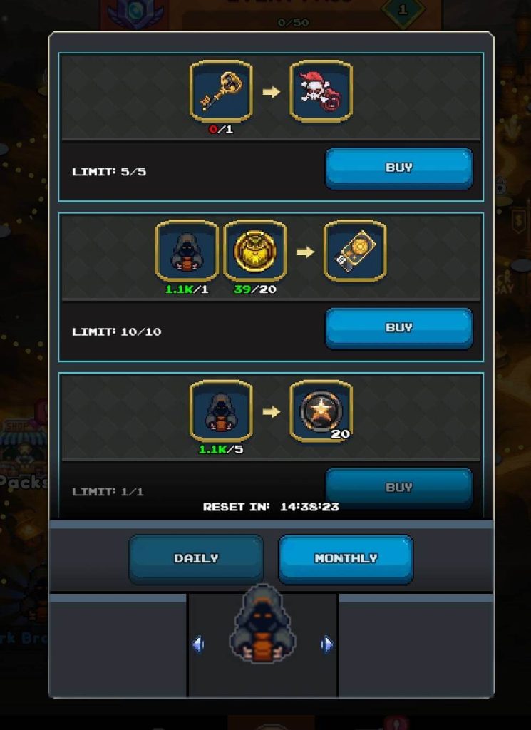 A screenshot of the Black Market exchange shop in the idle MMORPG Miners Settlement, showing various trade options where players exchange Dark Marks - earned by playing the Rift - for event items such as keys, tokens, and upgrade materials. Daily and monthly exchange tabs are displayed at the bottom.