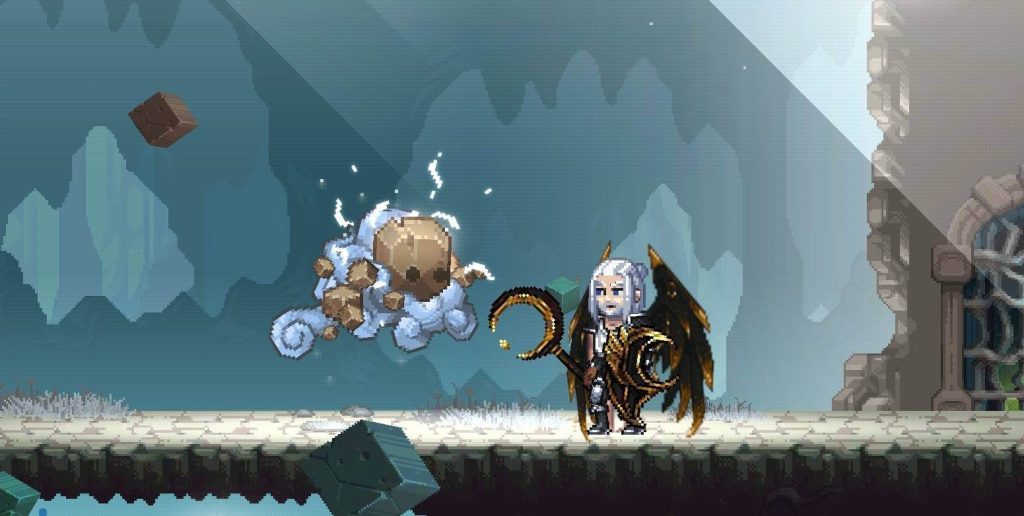 A hero in the idle MMORPG Miners Settlement wearing the Wealth Wings, Dark Crescent weapon skin, and Golden Guard shield skin stands inside a dungeon, facing a Wind Wisp enemy.